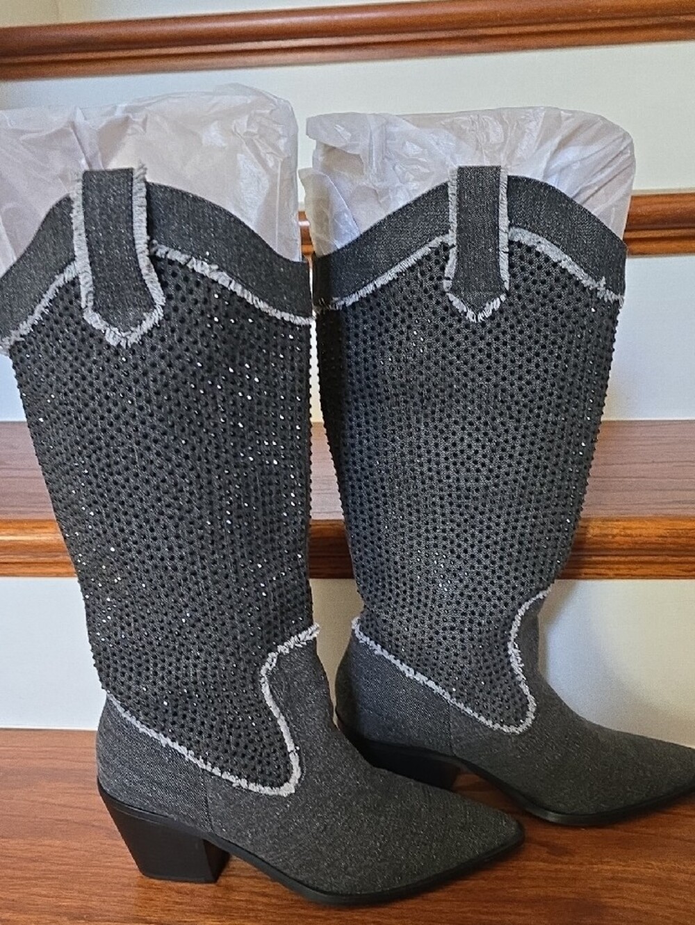 VENUS Women's Black Rhinestone Knit Mid-Calf Fashion Boots